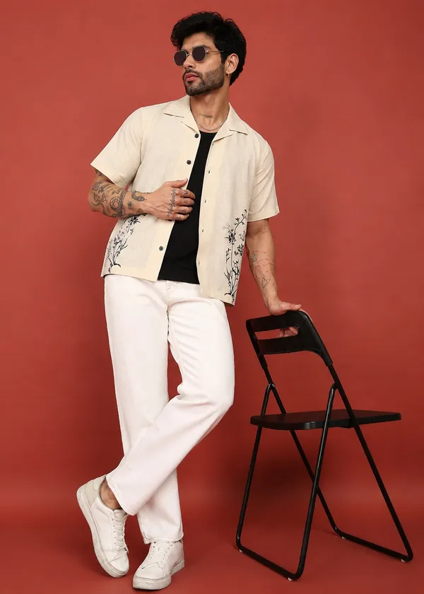 Beige_Floral_Printed_Short_Sleeve_Shirt_for_Men