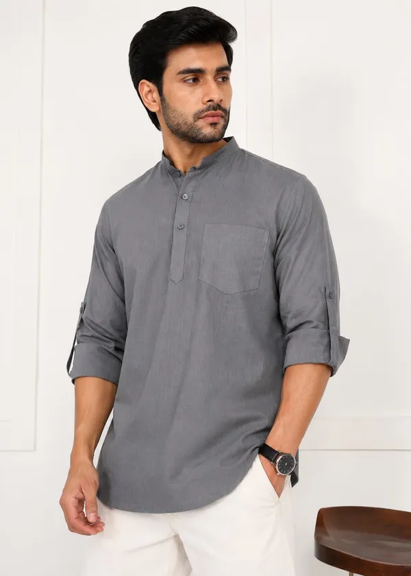Grey___Mandarin_Collar_Casual_Short_Kurta_for_Men