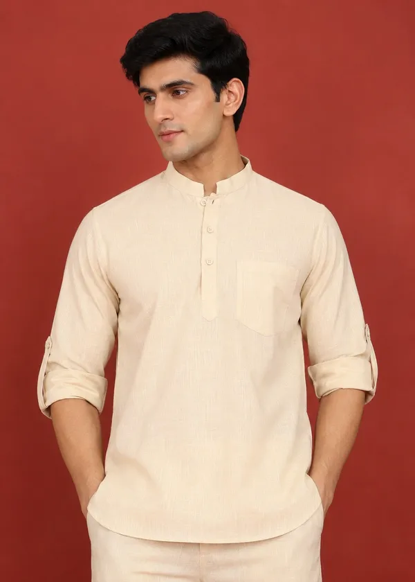 Beige___Mandarin_Collar_Kurta_Pyjama_Set_for_Men