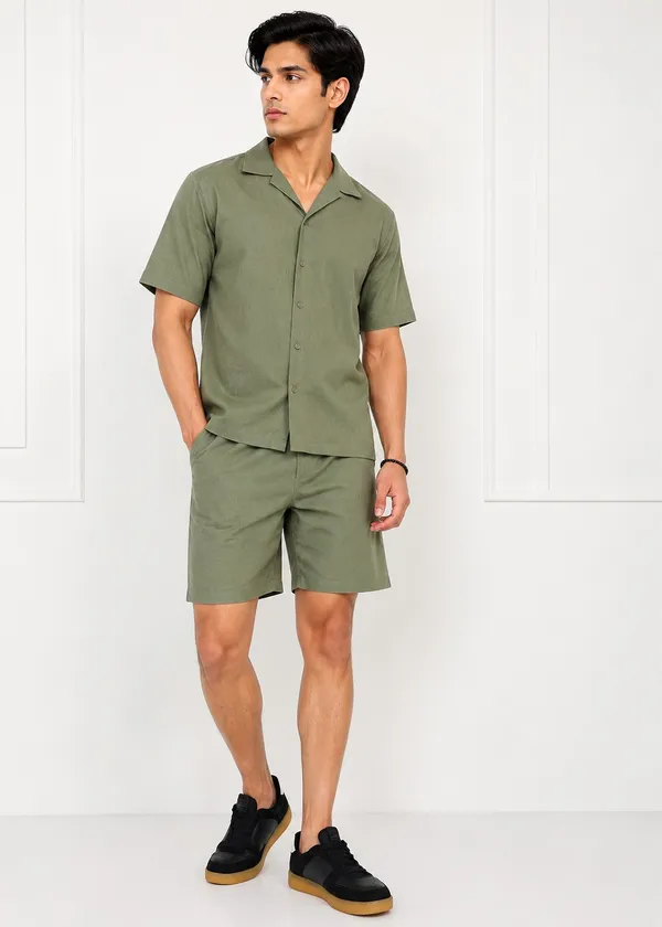 Olive_Green___Short_Sleeve_Shirt_And_Shorts_Set_For_Men