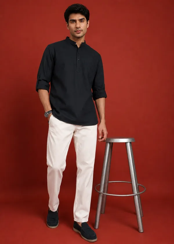 Black___Mandarin_Collar_Long_Sleeve_Kurta_for_Men