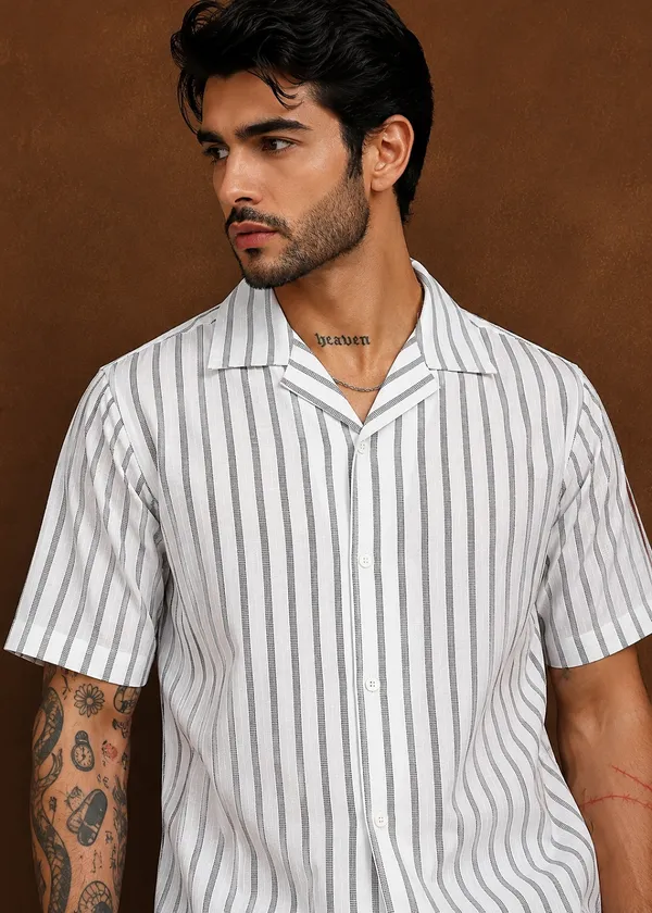 White_Grey_Striped_Short_Sleeve_Casual_Shirt_for_Men