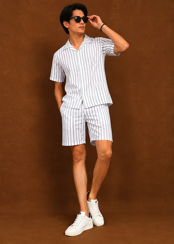 White_Striped___Shirt_And_Shorts_Co-Ord_Set_For_Men
