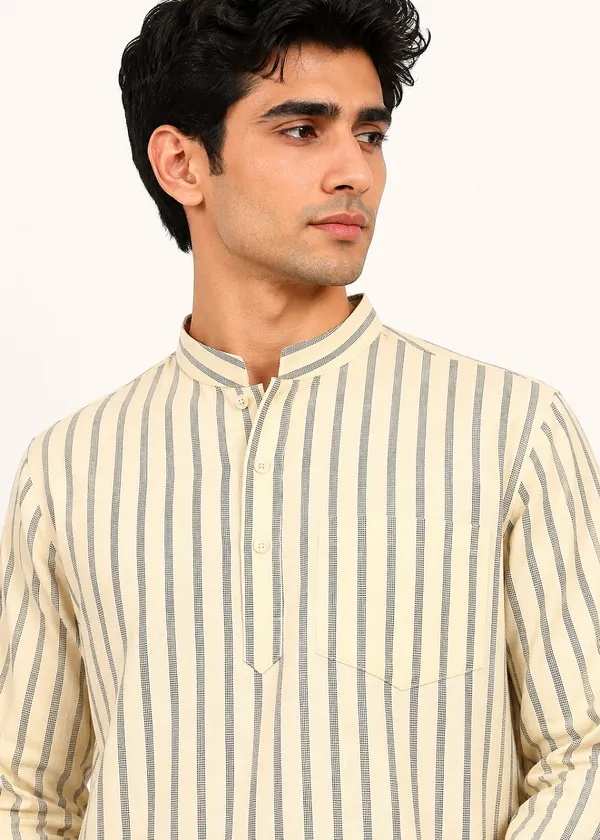 Beige_Black_Striped___Mandarin_Collar_Kurta_for_Men