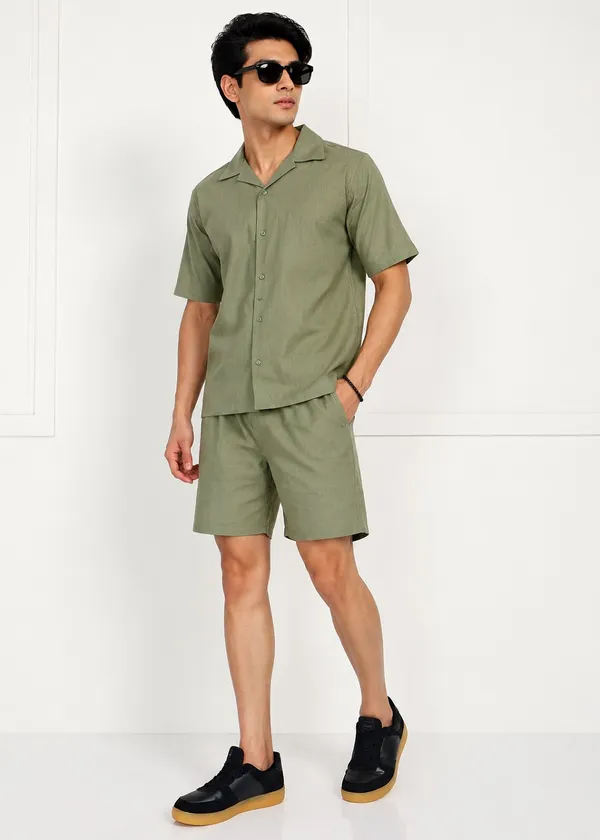 Olive_Green___Short_Sleeve_Shirt_And_Shorts_Set_For_Men
