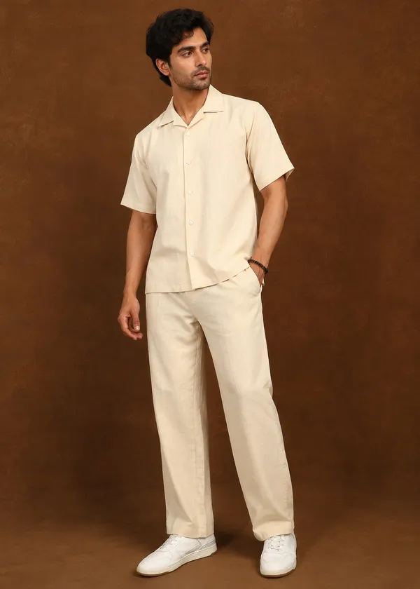 Cream_Linen_Short_Sleeve_Shirt_And_Trouser_Co-Ord_Set_For_Men