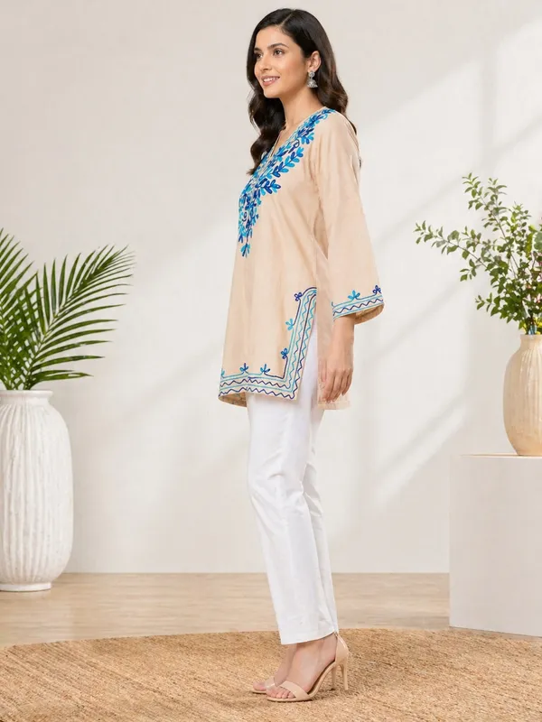 Beige_printed_Short_Kurti__For_Women