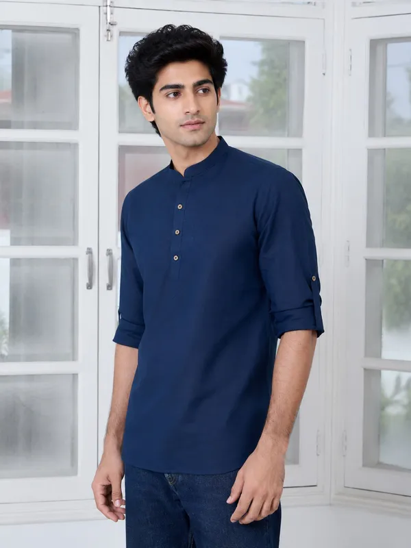 Navy_Blue___Mandarin_Collar_Short_Kurta_for_Men