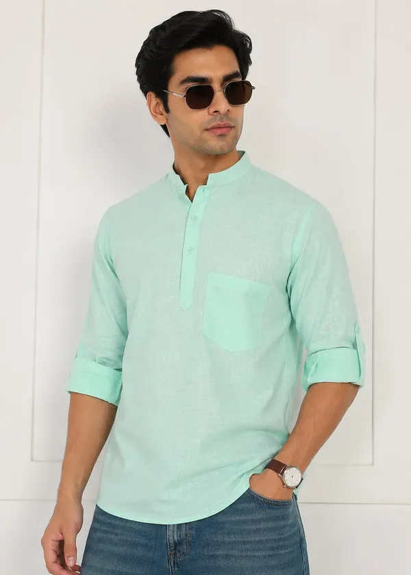 Light_Green_Linen_Mandarin_Collar_Short_Kurta_for_Men