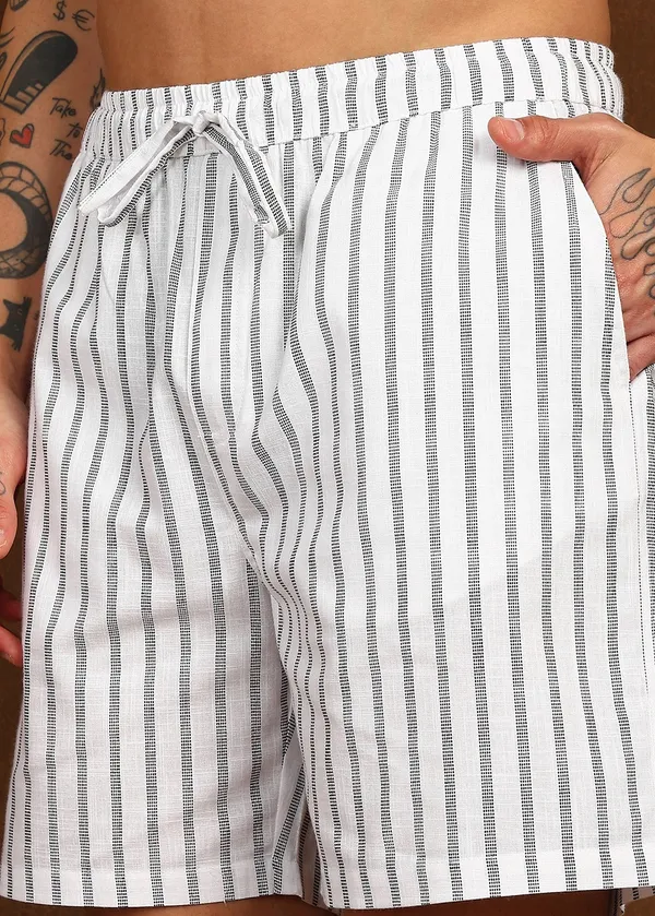 White_And_Grey_Striped_Drawstring_Shorts_For_Men