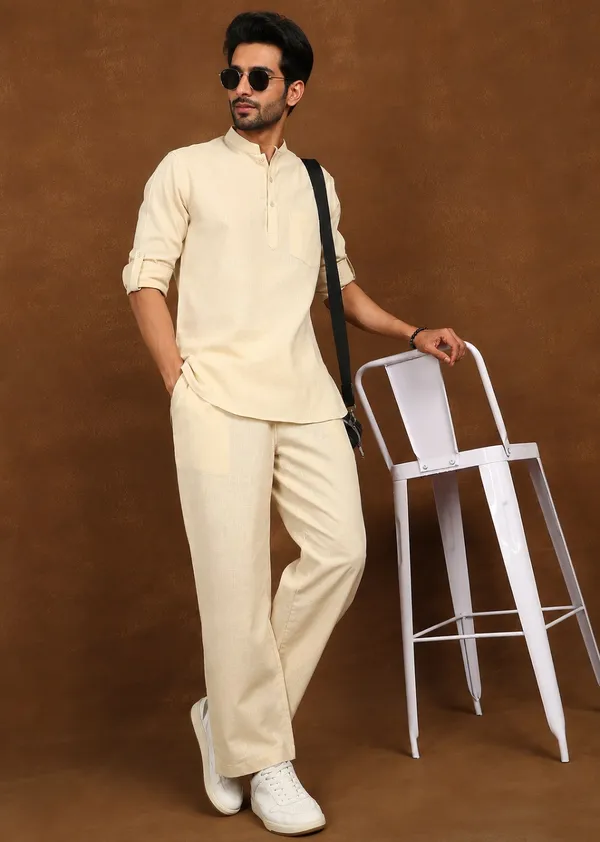Beige___Mandarin_Collar_Kurta_Pyjama_Set_for_Men