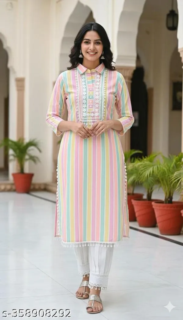 MulticolorCotton_Blend_Stripe_A-Line_Afghani_Salwar_Kurta_Set_For_Women