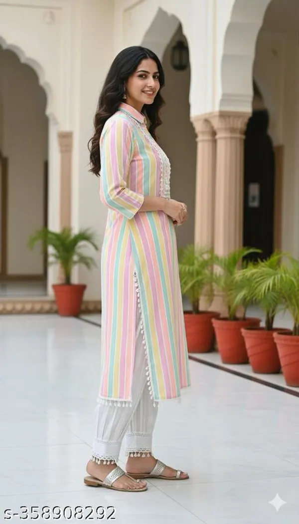 MulticolorCotton_Blend_Stripe_A-Line_Afghani_Salwar_Kurta_Set_For_Women