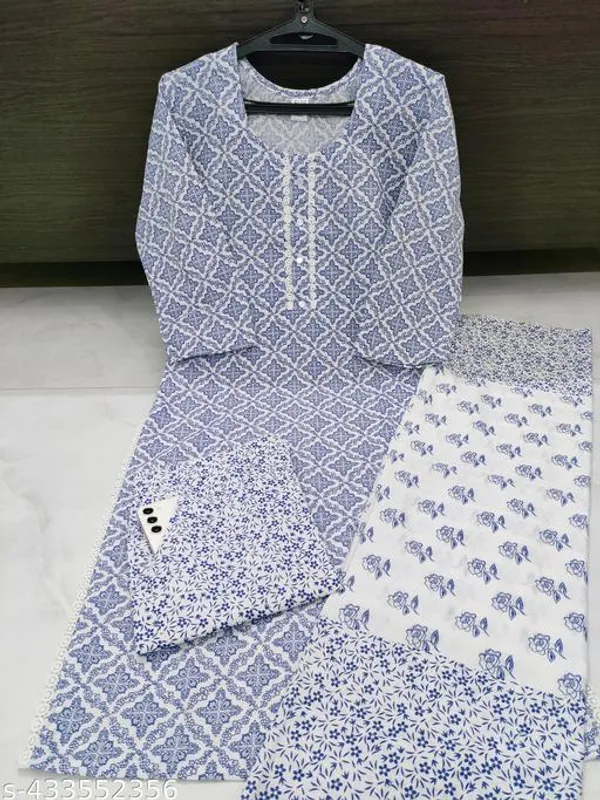 Blue_Cotton_Printed_Kurta_Trouser_Dupatta_Set_For_Women