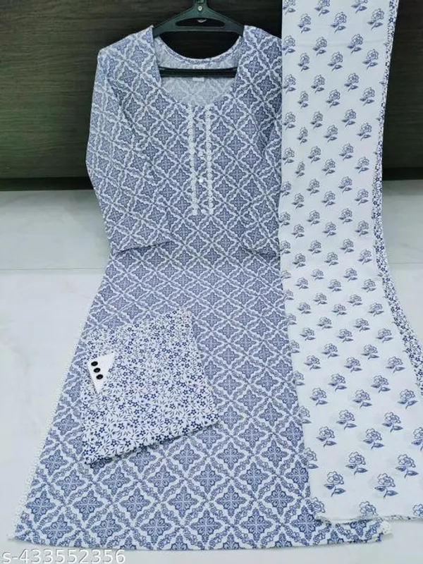 Blue_Cotton_Printed_Kurta_Trouser_Dupatta_Set_For_Women