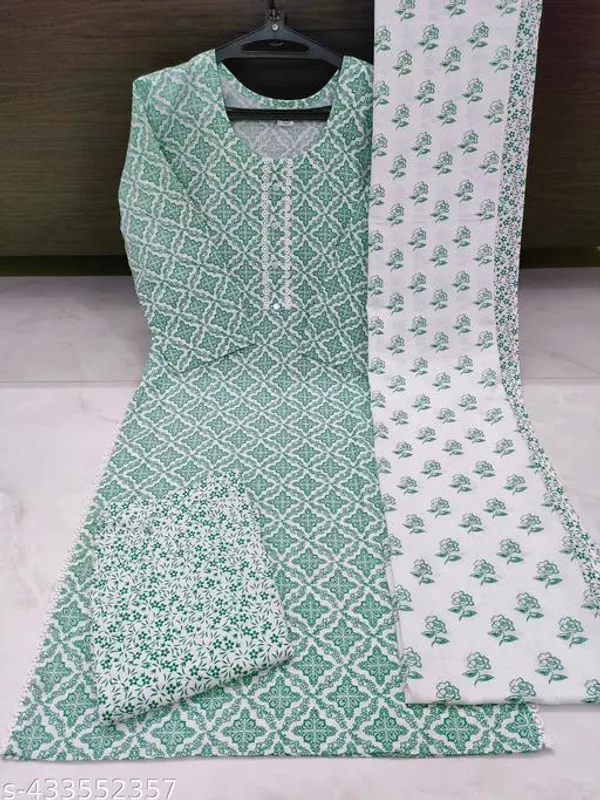 Green_Cotton_Printed_Straight_Kurta_Trouser_Dupatta_Set_For_Women