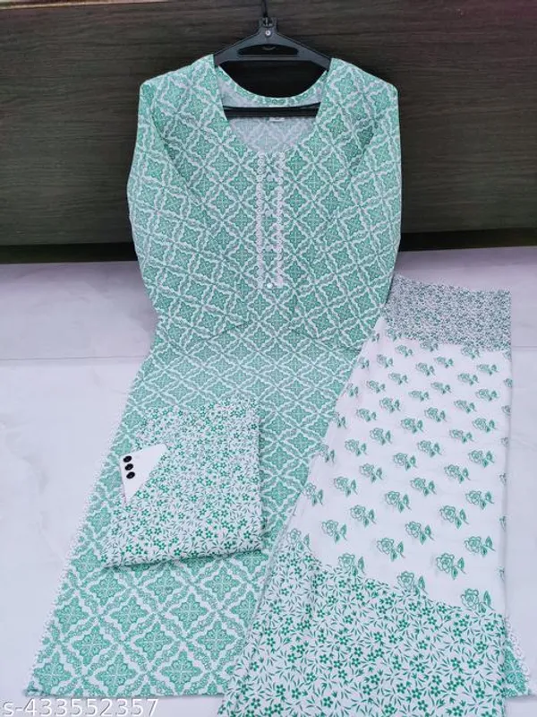Green_Cotton_Printed_Straight_Kurta_Trouser_Dupatta_Set_For_Women