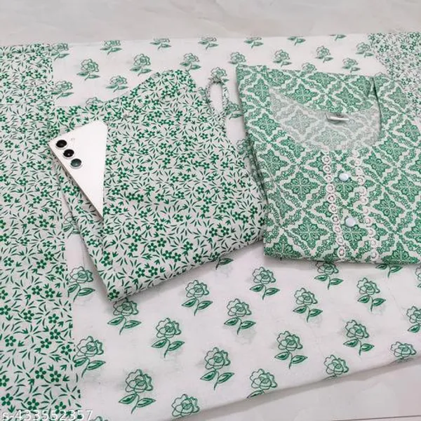 Green_Cotton_Printed_Straight_Kurta_Trouser_Dupatta_Set_For_Women