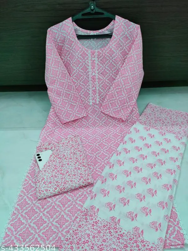 Pink_Cotton_Floral_Printed_Straight_Kurta_Trouser_Dupatta_Set_For_Women