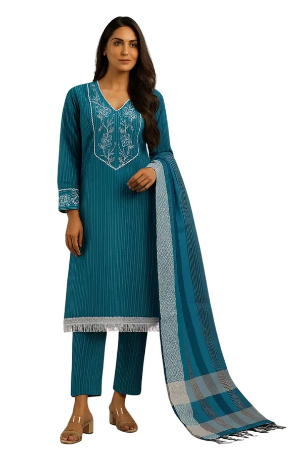 Turquoise_Blue_Cotton_Blend_Straight_Fit_Embroidered_Kurta_Set_For_Women