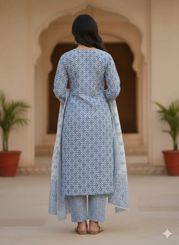Blue_Pink_Green_Cotton_Blend_Kurti_Pant_Dupatta_Set_For_Women