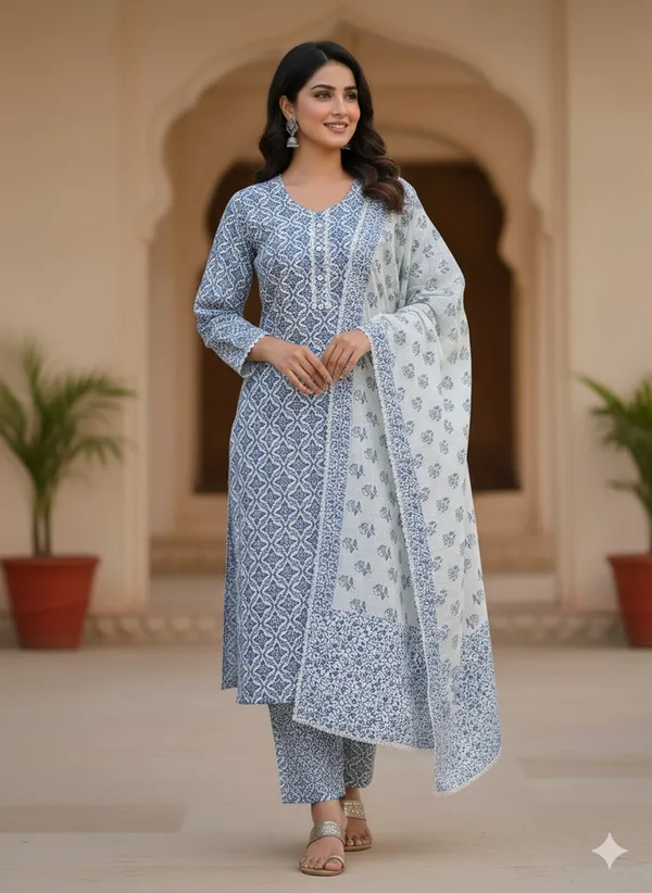 Blue_Pink_Green_Cotton_Blend_Kurti_Pant_Dupatta_Set_For_Women