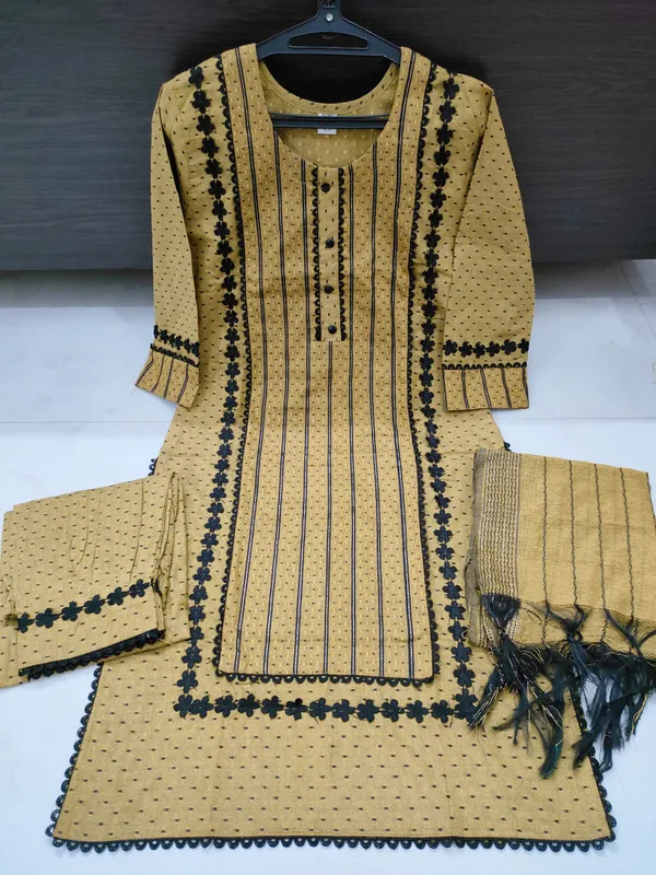 Yellow_Black_Blue_Cotton_Self_Design_Kurta_Salwar_Dupatta_Set_For_Women