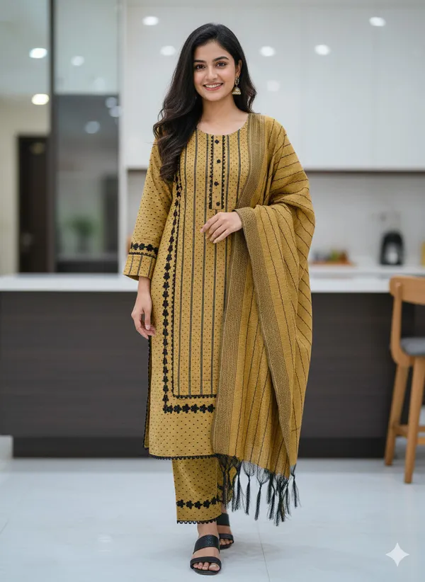 Yellow_Black_Blue_Cotton_Self_Design_Kurta_Salwar_Dupatta_Set_For_Women