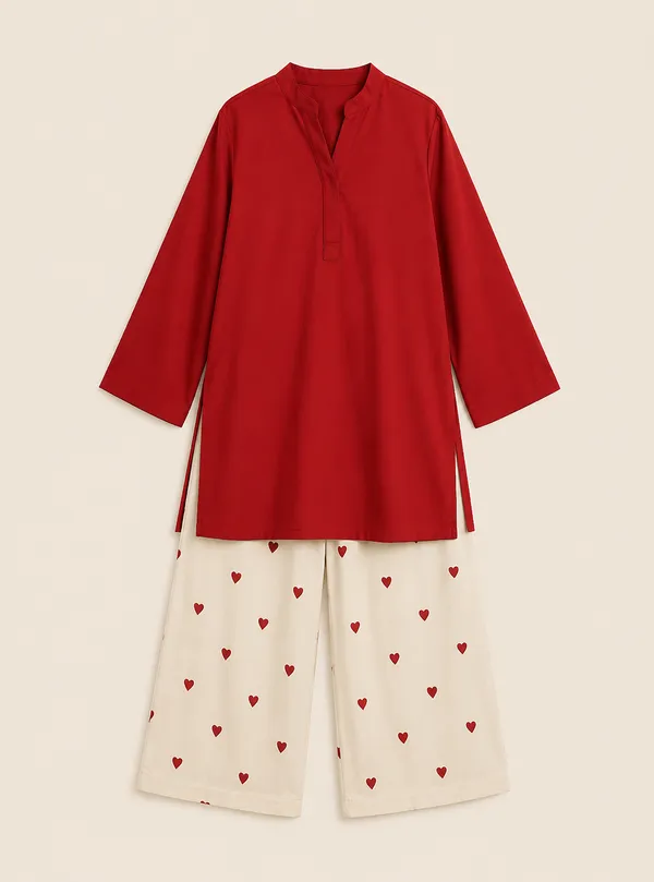 Red_Rayon_A-Line_Solid_Kurta_With_Bottomwear_Set_For_Women