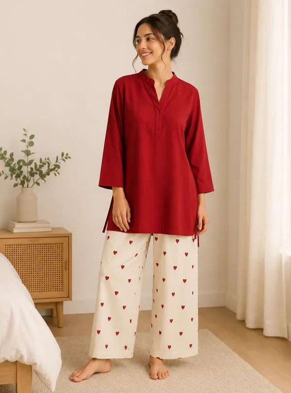 Red_Rayon_A-Line_Solid_Kurta_With_Bottomwear_Set_For_Women