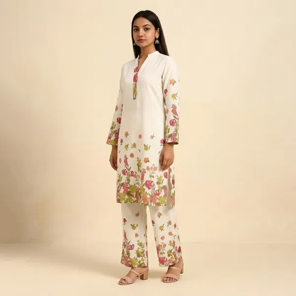 White_Cotton_Floral_Printed_Kurta_Palazzo_Set_For_Women