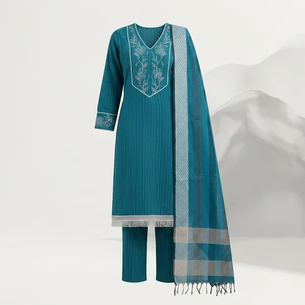 Turquoise_Blue_Cotton_Blend_Straight_Fit_Embroidered_Kurta_Set_For_Women