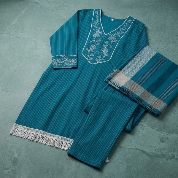 Turquoise_Blue_Cotton_Blend_Straight_Fit_Embroidered_Kurta_Set_For_Women