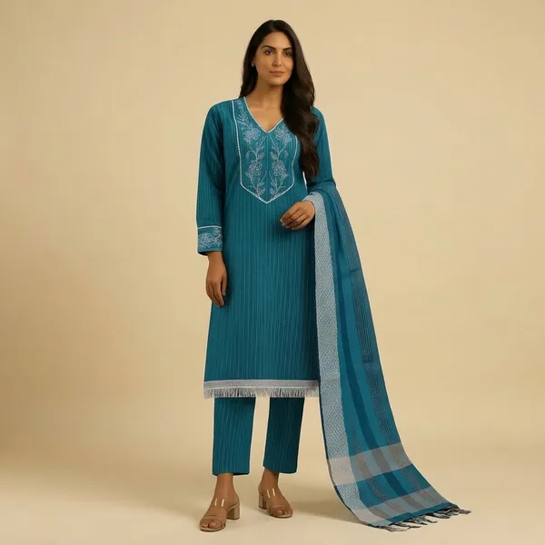 Turquoise_Blue_Cotton_Blend_Straight_Fit_Embroidered_Kurta_Set_For_Women