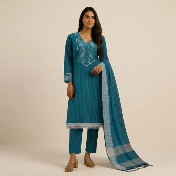 Turquoise_Blue_Cotton_Blend_Straight_Fit_Embroidered_Kurta_Set_For_Women