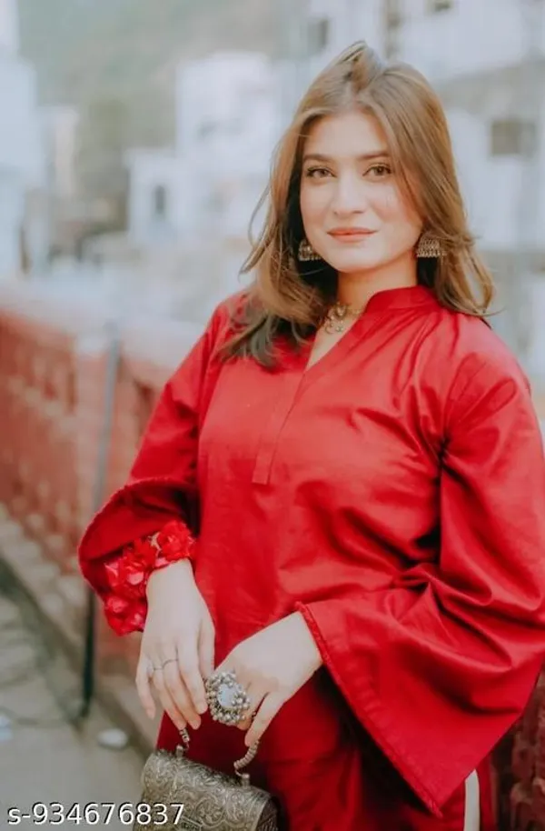 Red_Rayon_A-Line_Solid_Kurta_With_Bottomwear_Set_For_Women
