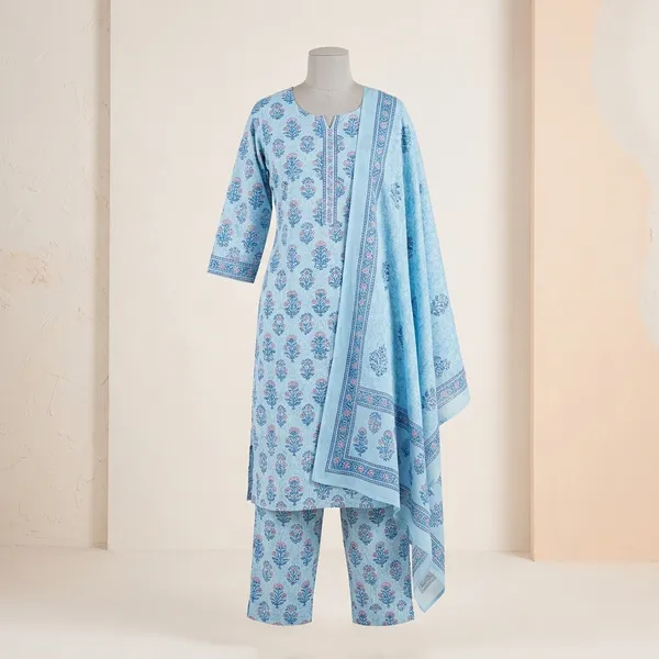 Blue_Pink_Green_Cotton_Blend_Kurti_Pant_Dupatta_Set_For_Women