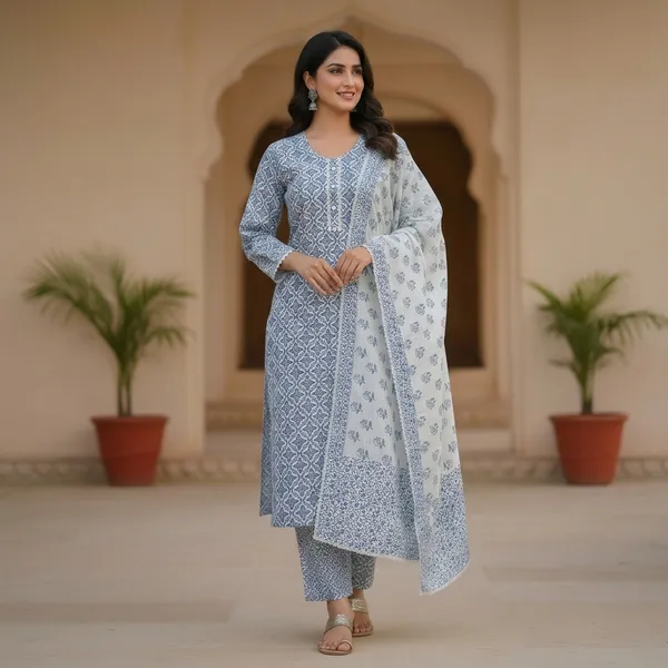 Blue_Pink_Green_Cotton_Blend_Kurti_Pant_Dupatta_Set_For_Women