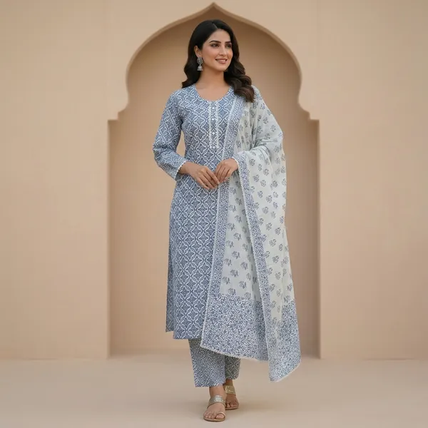 Blue_Pink_Green_Cotton_Blend_Kurti_Pant_Dupatta_Set_For_Women