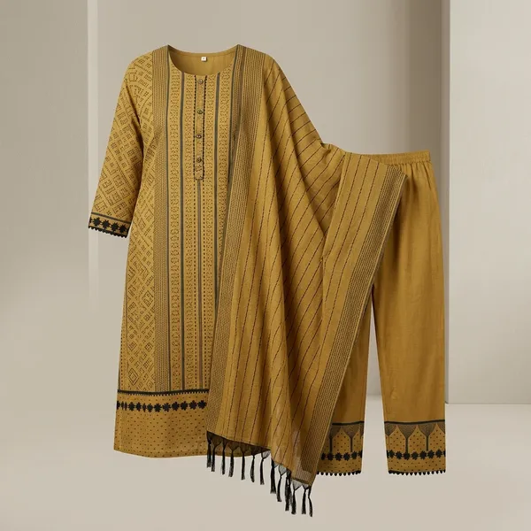 Yellow_Black_Blue_Cotton_Self_Design_Kurta_Salwar_Dupatta_Set_For_Women