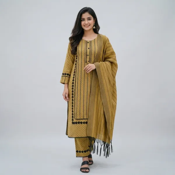 Yellow_Black_Blue_Cotton_Self_Design_Kurta_Salwar_Dupatta_Set_For_Women
