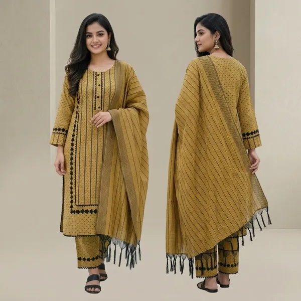 Yellow_Black_Blue_Cotton_Self_Design_Kurta_Salwar_Dupatta_Set_For_Women