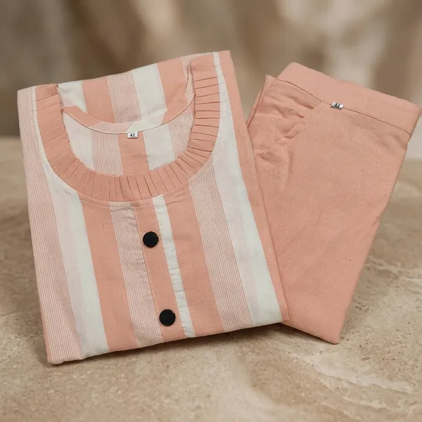 Peach_Khadi_Cotton_Striped_Straight_Kurta_Pant_Set_For_Women