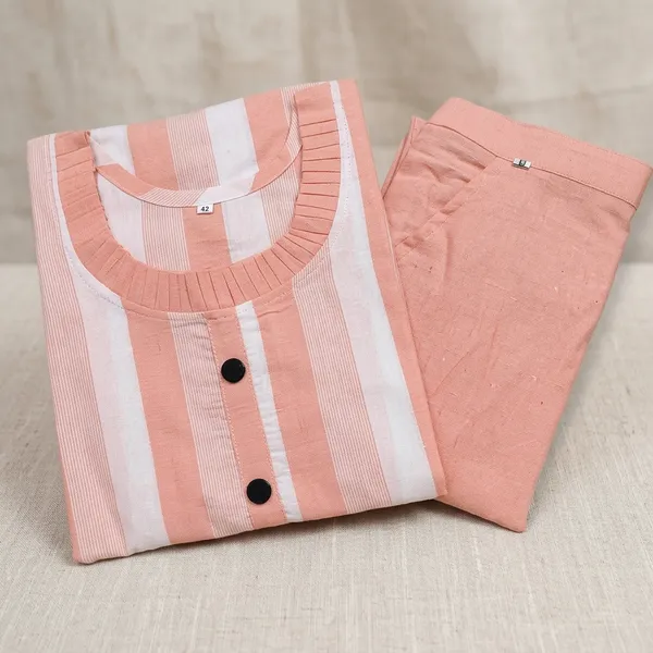 Peach_Khadi_Cotton_Striped_Straight_Kurta_Pant_Set_For_Women