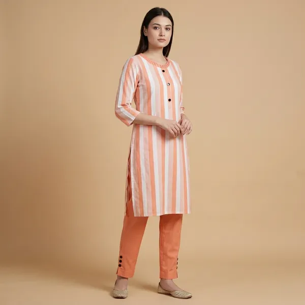 Peach_Khadi_Cotton_Striped_Straight_Kurta_Pant_Set_For_Women