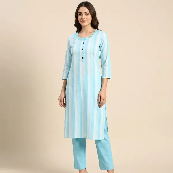 Blue_Cotton_Blend_Straight_Kurta_Pant_Set_For_Women