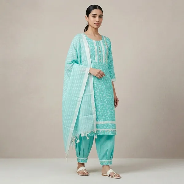 Green_Cotton_Blend_Afghani_Salwar_Kurta_Set_For_Women