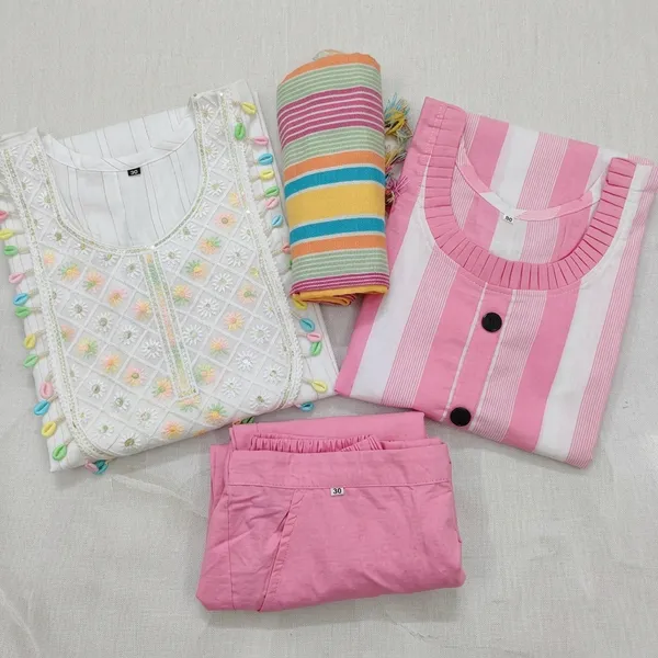 White_And_Pink_Cotton_Blend_Kurta_Set_Combo_For_Women_Pack_Of_2