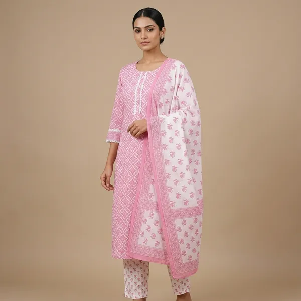 Pink_Cotton_Printed_Kurta_Trouser_Dupatta_Set_For_Women