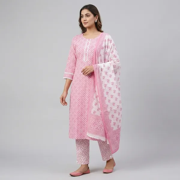 Pink_Cotton_Printed_Kurta_Trouser_Dupatta_Set_For_Women